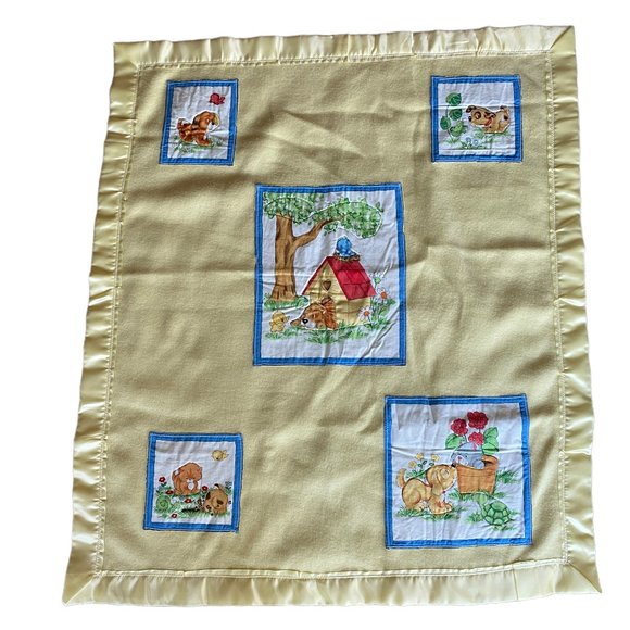 Vintage Hand Crafted Yellow Baby Blanket Animal Appliques Satin Edge Floor Time - Picture 3 of 16